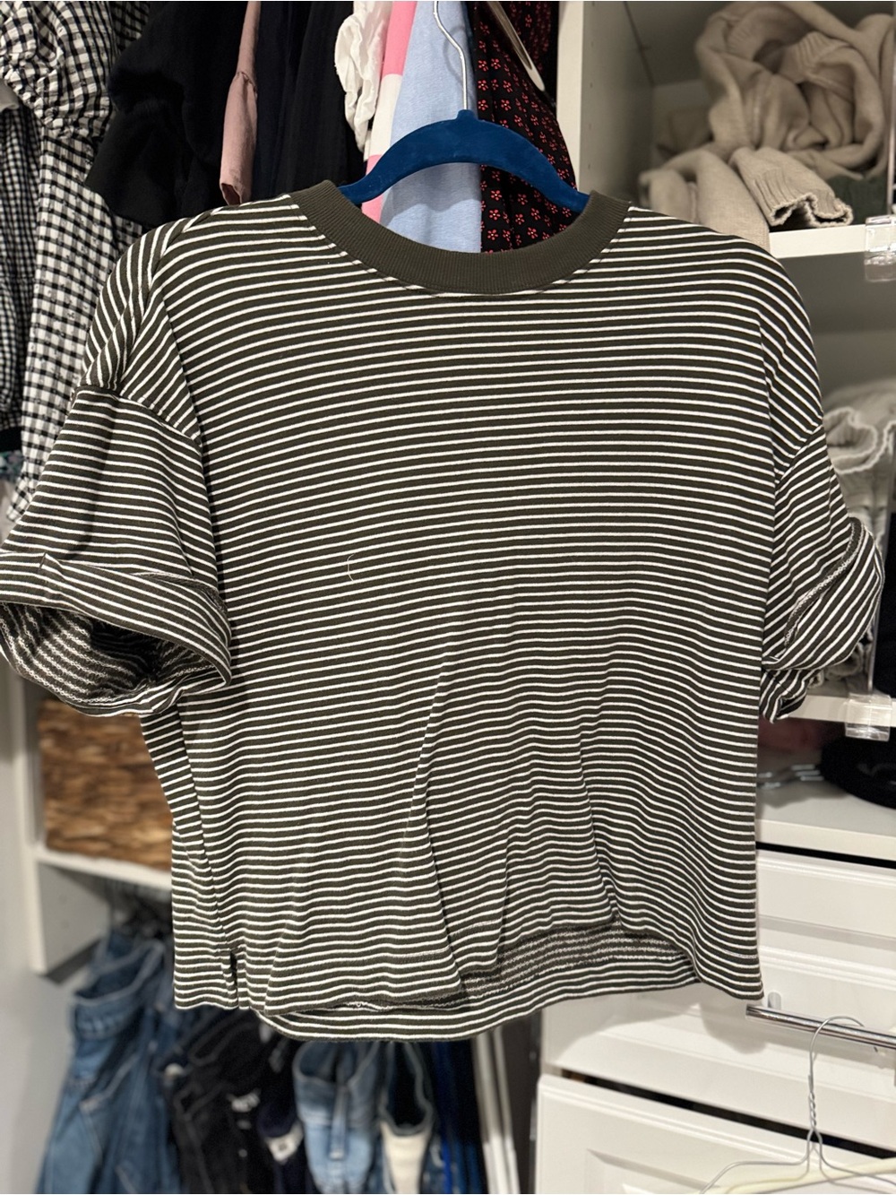 Madewell Olive Green & White Striped Short Sleeve Tee